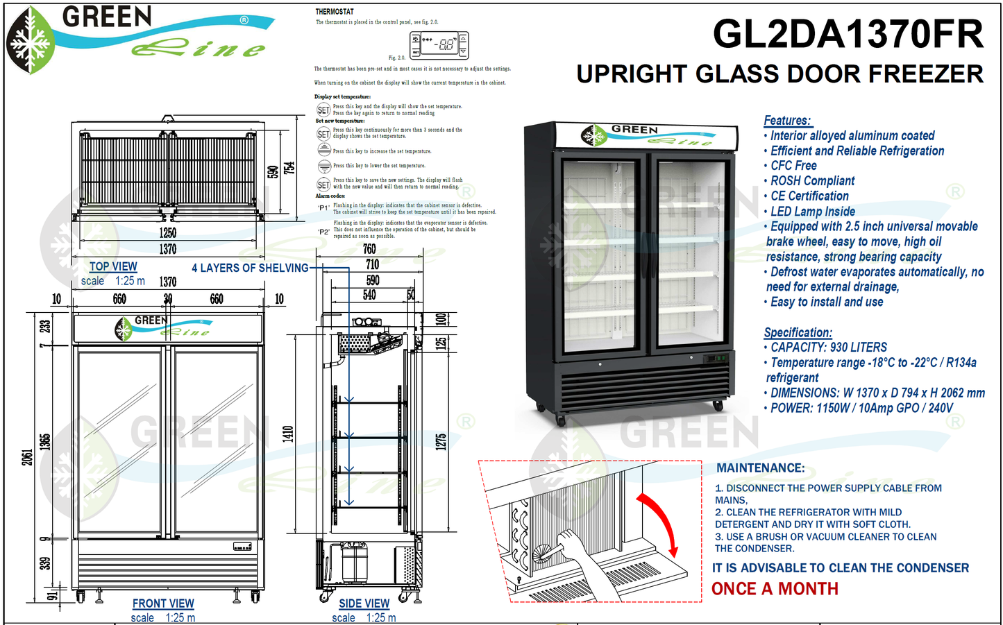 GREENLine 2 Door Upright Glass Freezer 930L - GL2DA1370FR