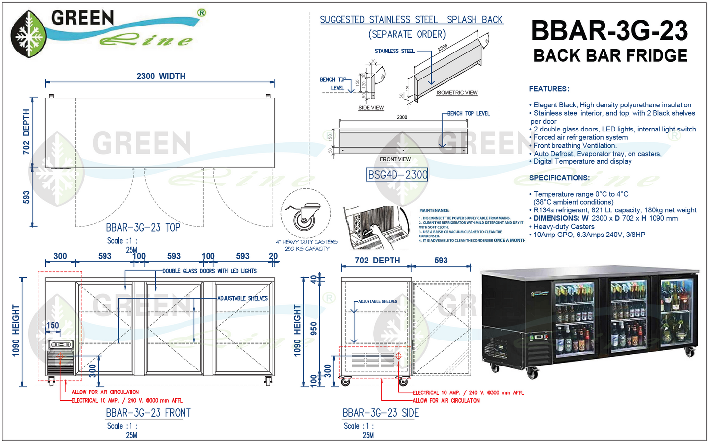 GREENLine Back Bar Fridge Three Glass Door 2300MM 821L Capacity - BBAR-3G-23