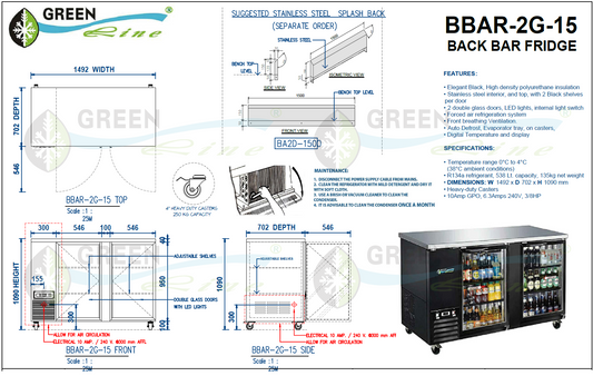 GREENLine Back Bar Fridge Two Glass Door 1500MM 538L Capacity - BBAR-2G-15