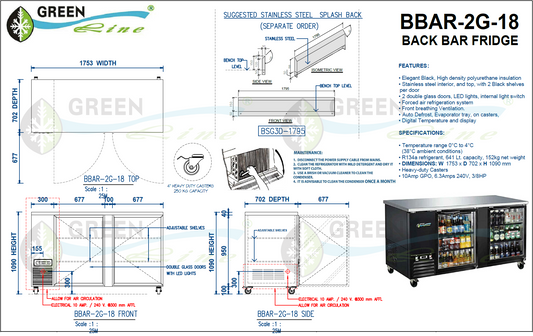 GREENLine Back Bar Fridge Two Glass Door 1800MM 641L Capacity - BBAR-2G-18