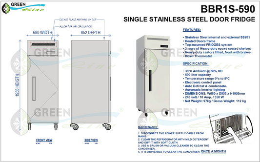 GREENLine Stainless Steel Single Door Fridge 590L - BBR1S-590