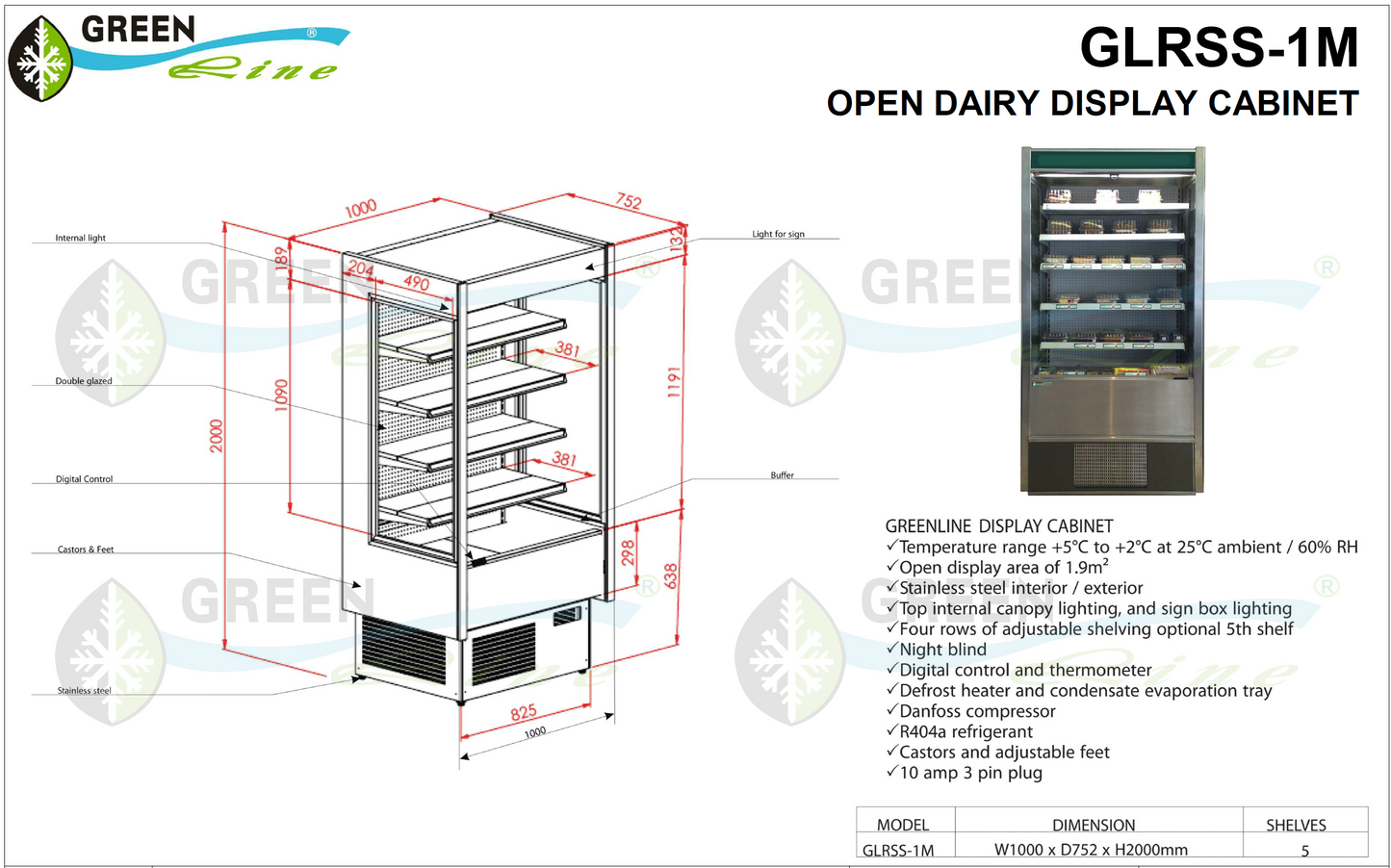 GREENLine Display Dairy Produce Cabinet 1 Metre Wide - GLRSS-1M