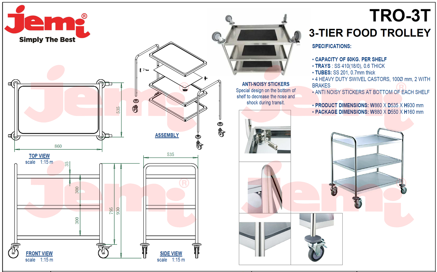 JEMI Trolley Fixed Shelves 3 Tier Clear - TRO-3T